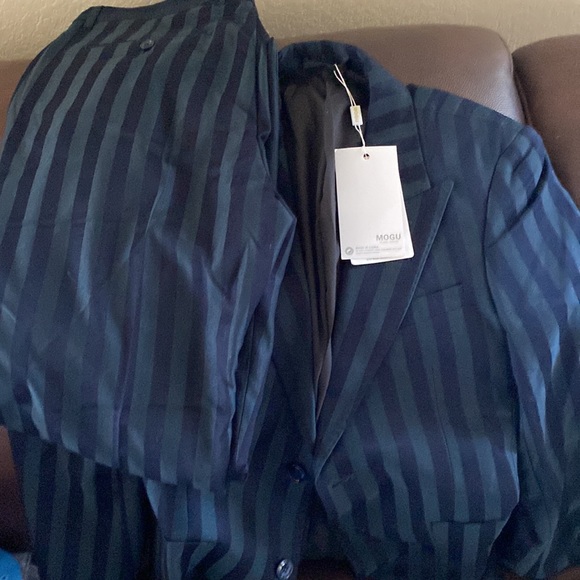 Mens 2 Piece Suit Slim Fit Stripe Tuxedo Blazer Pants Set - Picture 7 of 7